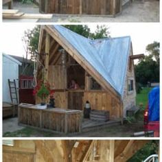 three pictures showing the inside and outside of a small wooden cabin with windows, doors, stairs, and roof