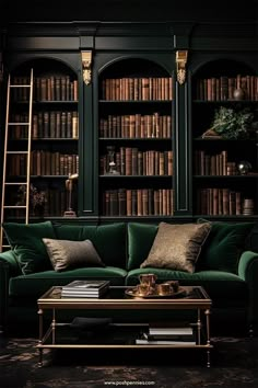 a living room filled with green couches and bookshelves