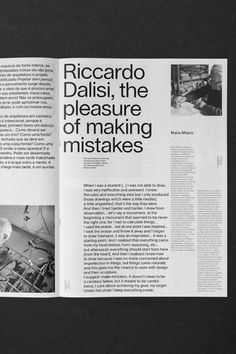 an article in a magazine with pictures of people working on the machine and text reading ricocardo dalisi, the pleasure of making misstakes