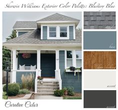 the exterior color scheme for a house with blue and gray siding, white trim, and wood