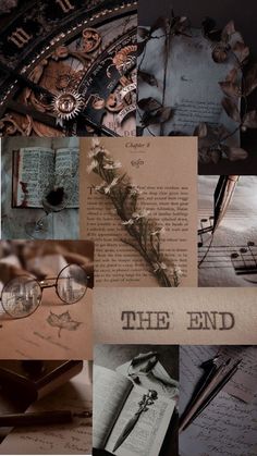 the collage shows an old book, eyeglasses and other items