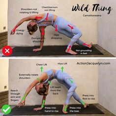 a woman doing yoga poses with the words wild thing above her head and bottom half