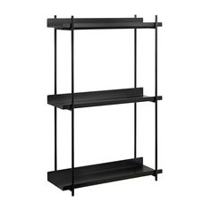 three black shelves with one shelf on each side and the other is empty, against a white background