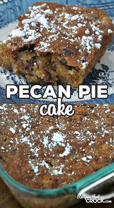 a piece of pecan pie cake sitting on top of a blue and white plate