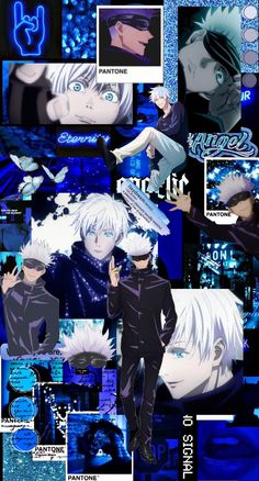 an anime character collage with blue eyes and black hair, in front of a dark background