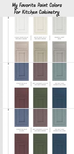 the kitchen cabinet door color chart is shown