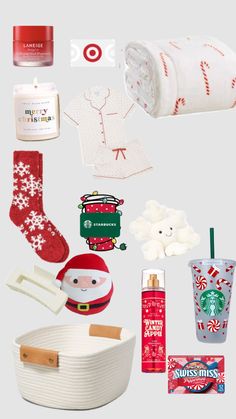 the contents of a christmas gift set including socks, mugs, and other items