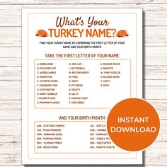 a turkey baby shower game with the words, what's your turkey name?