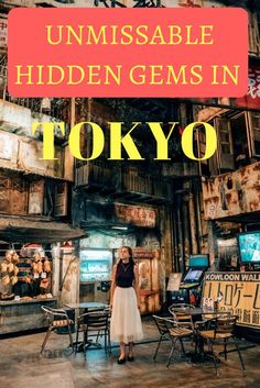 a woman standing in front of an old building with the words unmissable hidden gems in tokyo