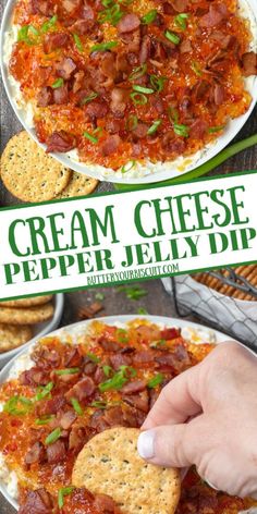 a person dipping crackers into a bowl of cream cheese pepper jelly dip with bacon on top