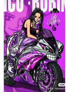 a woman sitting on top of a motorcycle in front of a purple background with words