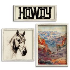 three framed art pieces depicting horses and canyons