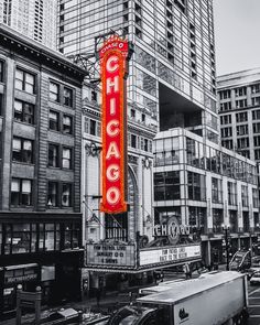 the chicago theater marquee in black and white