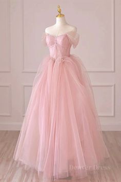 Item Descriptions: Silhouette:A Line Waist: Natural Color:Pink Built-In Bra: Yes Pink Tulle Prom Dress, Off Shoulder Evening Dress, Formal Dresses Graduation, Princess Prom Dresses, Pink Evening Dress, Long Formal Dress, Floor Length Prom Dresses, Pink Prom Dress, Pink Formal Dresses