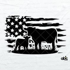 an american flag with two cows in the foreground and one cow on the other side