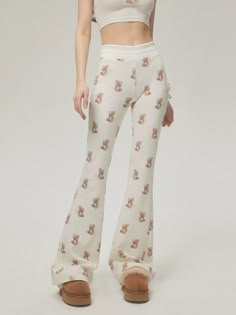 Trendy Bear Print Casual Pants With Subtle Flare Leg - chiclara White Comfortable Fitted Bottoms, White Fitted Comfortable Bottoms, Comfortable Fitted White Bottoms, Comfortable Fitted Beige Bottoms, Cream Stretch Long Pants, Comfortable White Stretch Bottoms, Fitted Comfortable Soft Bottoms, Comfortable Stretch White Bottoms, Comfortable White Trousers