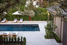 an outdoor swimming pool with lounge chairs and umbrellas next to the pool surrounded by greenery