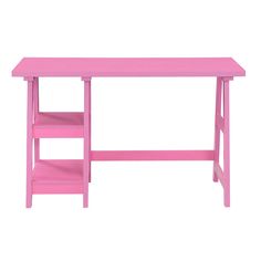 a pink desk with two shelves on the bottom and one shelf below it, against a white background