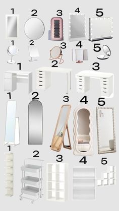 an assortment of white furniture with numbers on the front and back sides, including mirrors, shelves, drawers, cabinets, and dressing table