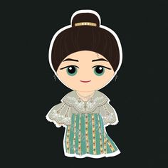 a paper doll wearing a green dress with white lace on it's neck and brown hair