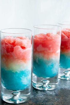 three glasses filled with ice and watermelon