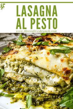 lasagna alpesto with spinach and pesto on a white plate