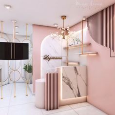 a pink room with marble and gold accents