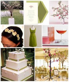 a collage of photos with flowers and wedding cake in the middle, wine glasses on the table next to each other