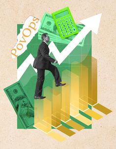 a man in a suit and tie is standing on top of a chart with money