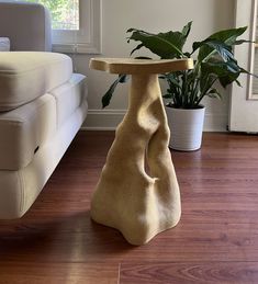 a plant sits on top of a table in the middle of a room with a couch