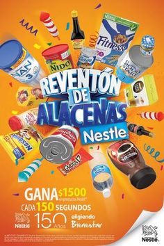 an advertisement for revito de alcanas nestle with various items in the background