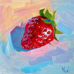 a painting of a strawberry on a blue and pink background