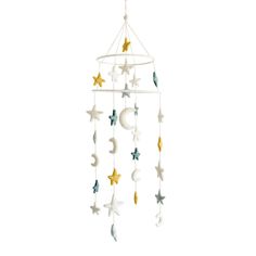 a mobile with stars and crescents hanging from it's side on a white background