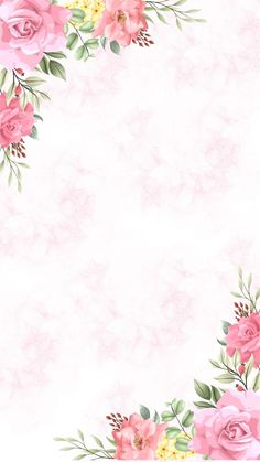 pink roses with green leaves and yellow flowers on a light pink watercolor paper background