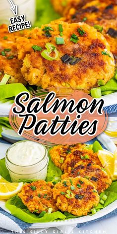 salmon patties are served on lettuce leaves and garnished with sour cream