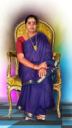 a painting of a woman sitting in a chair wearing a purple sari and gold jewelry