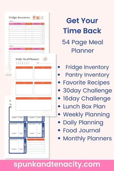 the printable meal planner is shown on top of a pink background with text that reads get your time back, 54 page meal planner