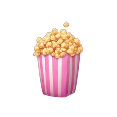 a pink and white striped cup with popcorn on it's side, flying up into the air