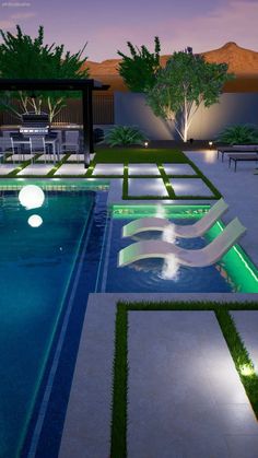 an outdoor swimming pool at night with lights on the ground and lawn furniture around it