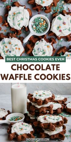 chocolate waffle cookies with white frosting and sprinkles on the top