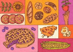 an image of various food items on a colorful background