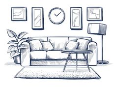 sketched living room with couch, table and pictures on the wall stock photo - 519