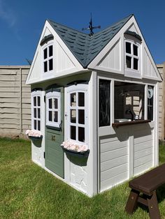 DIY Kids Outdoor Playhouse Makeover Reveal – The Little Jones Outdoor Playhouse Makeover, Kids Outdoor Playhouse, Kids Playhouse Makeover, Diy Kids Playhouse, Cottage Playhouse, Spray Paint Wall, Playhouse Makeover, Kids Playhouse Outdoors, Stylish Children