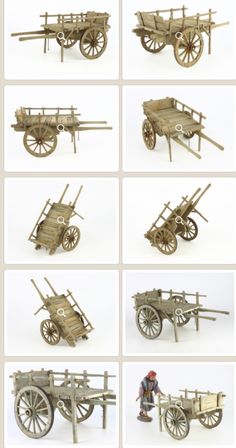 many different types of wooden carts and wheels