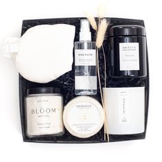 Know someone in need of a spa day but they’re not a fan of the pinks and pastels that so often accompany spa gifts? Well, you’ve come to the right place! Our signature ‘Mod Spa’ gift box has all the relaxation items one could dream of except in black and white tones for a sleek and sophisticated self-care experience! FREE U.S. SHIPPING + COMPLIMENTARY HANDWRITTEN NOTECARD ~section 2~ GIFT CONTENTS: Large Black Gift Box; Luxury Soy Candle; Body Buffer in Freesia Pear Scent; Ivory Silk Eye Mask; Lavender & Eucalyptus Bath Soak; Rose Water Toner, Floral Facial Steam; a Black Basket Fill; Letterpressed Calligraphy Gift Tag; Double-Sided Satin Ribbon in Ivory; Dried Greenery for a Finishing Touch! A NOTE ABOUT SUBSTITUTIONS: We pride ourselves on supporting small-batch and local artisan busines Dried Greenery, Calligraphy Gift Tags, Rose Water Toner, Spa Gift Set, Lavender Eucalyptus, Black Basket, Facial Steaming, Bridesmaid Thank You, Dream Bath