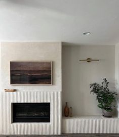 a living room with white walls and a fireplace in the center, surrounded by potted plants