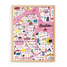 the boston map is shown in pink and black, with lots of different things on it