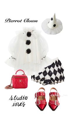 a white dress with black and red accessories