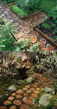 several different views of a garden with stepping stones