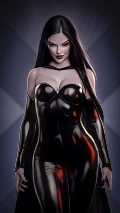 a woman with long black hair wearing a latex outfit